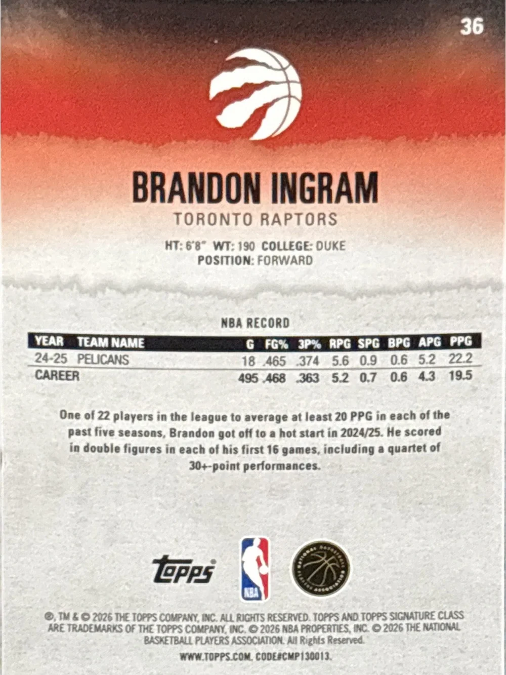 Topps Refractor Toronto Raptors Basketball Trading Card - Brandon Ingram